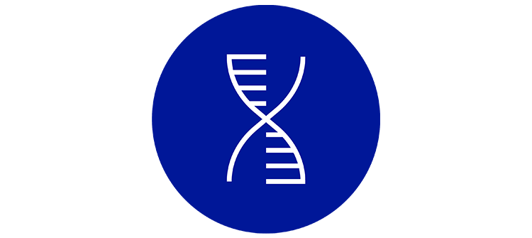  Icon graphic showing a white DNA molecule on a blue background