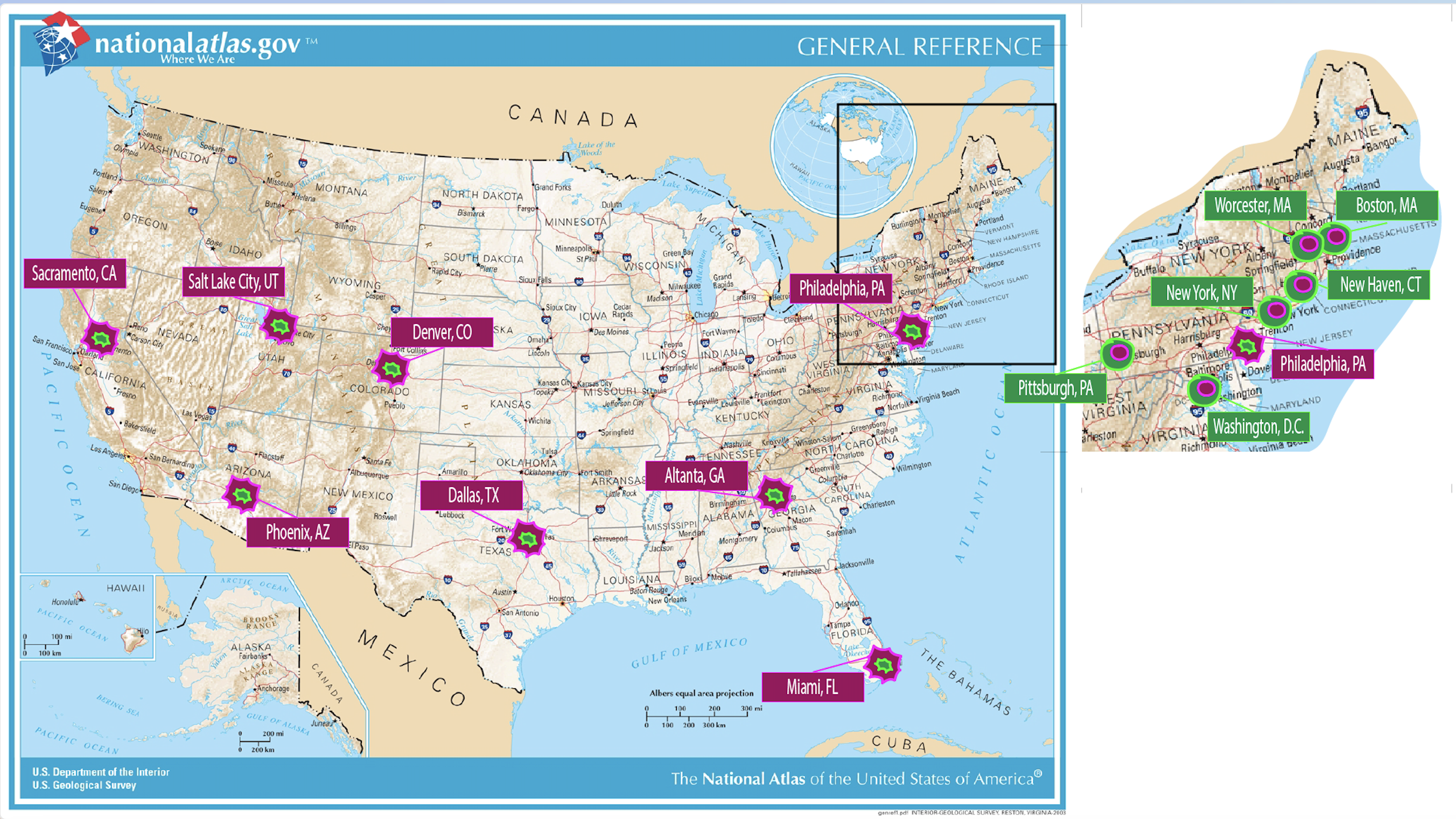 A map of the United States highlighting rapidly-growing biotech hubs with little explosion icons. Existing hubs in the new england area are also highlighted.