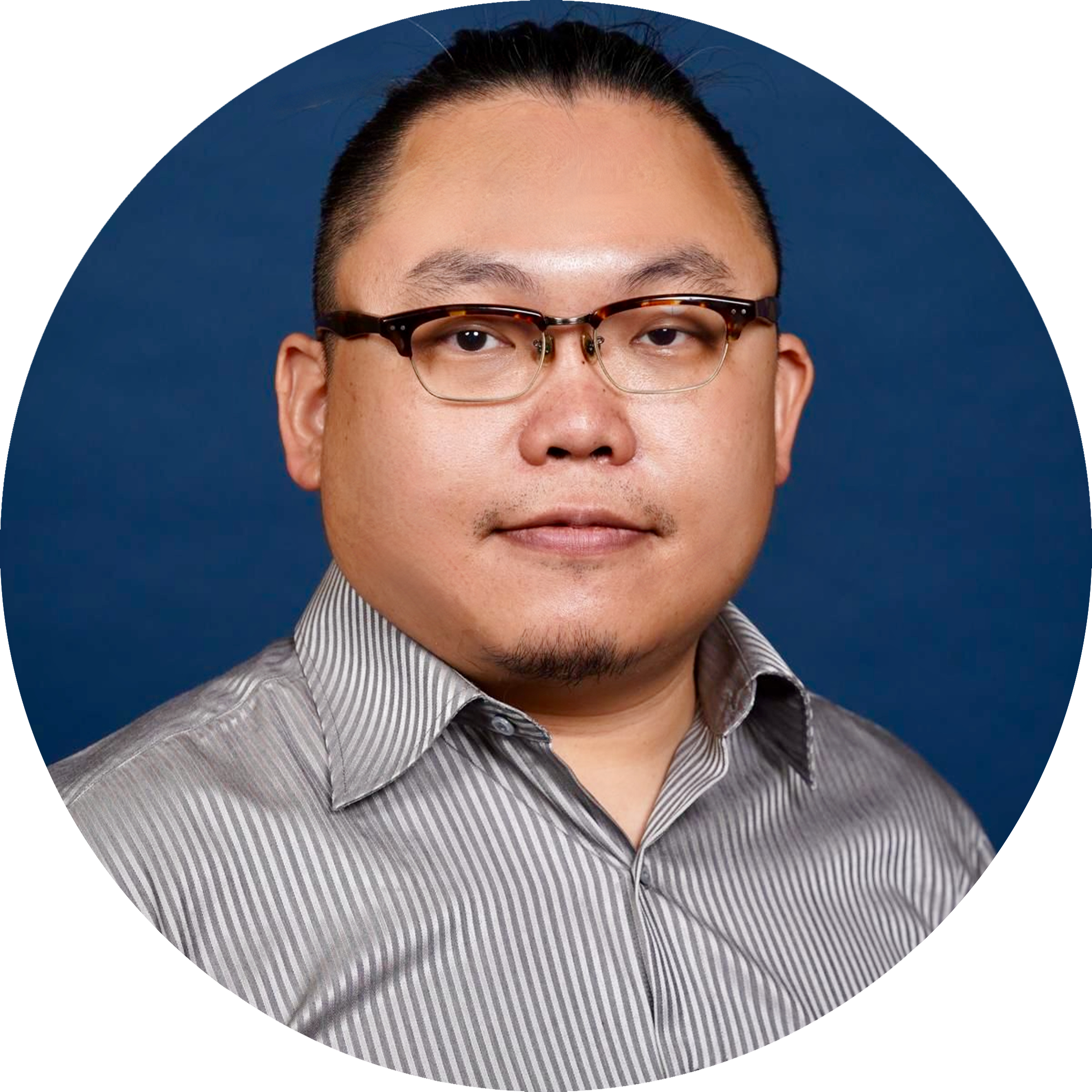 A headshot of Meng-Ju Wu, wearing glasses and a neatly trimmed goatee, wearing a striped shirt, set against a solid blue background