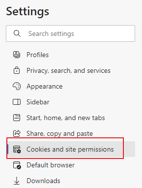 Edge menu highlighting cookies and permissions