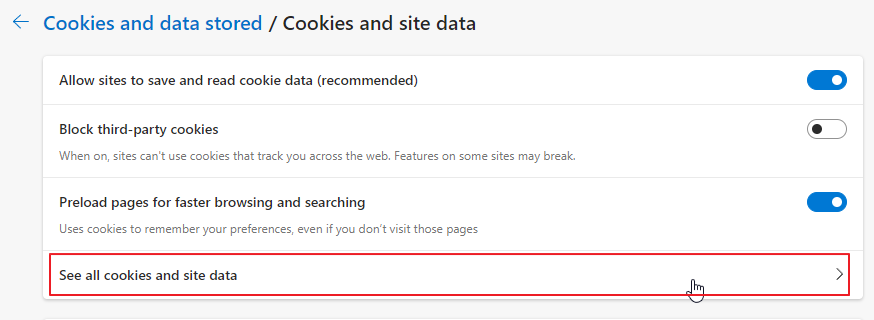 Edge cookies and site data section