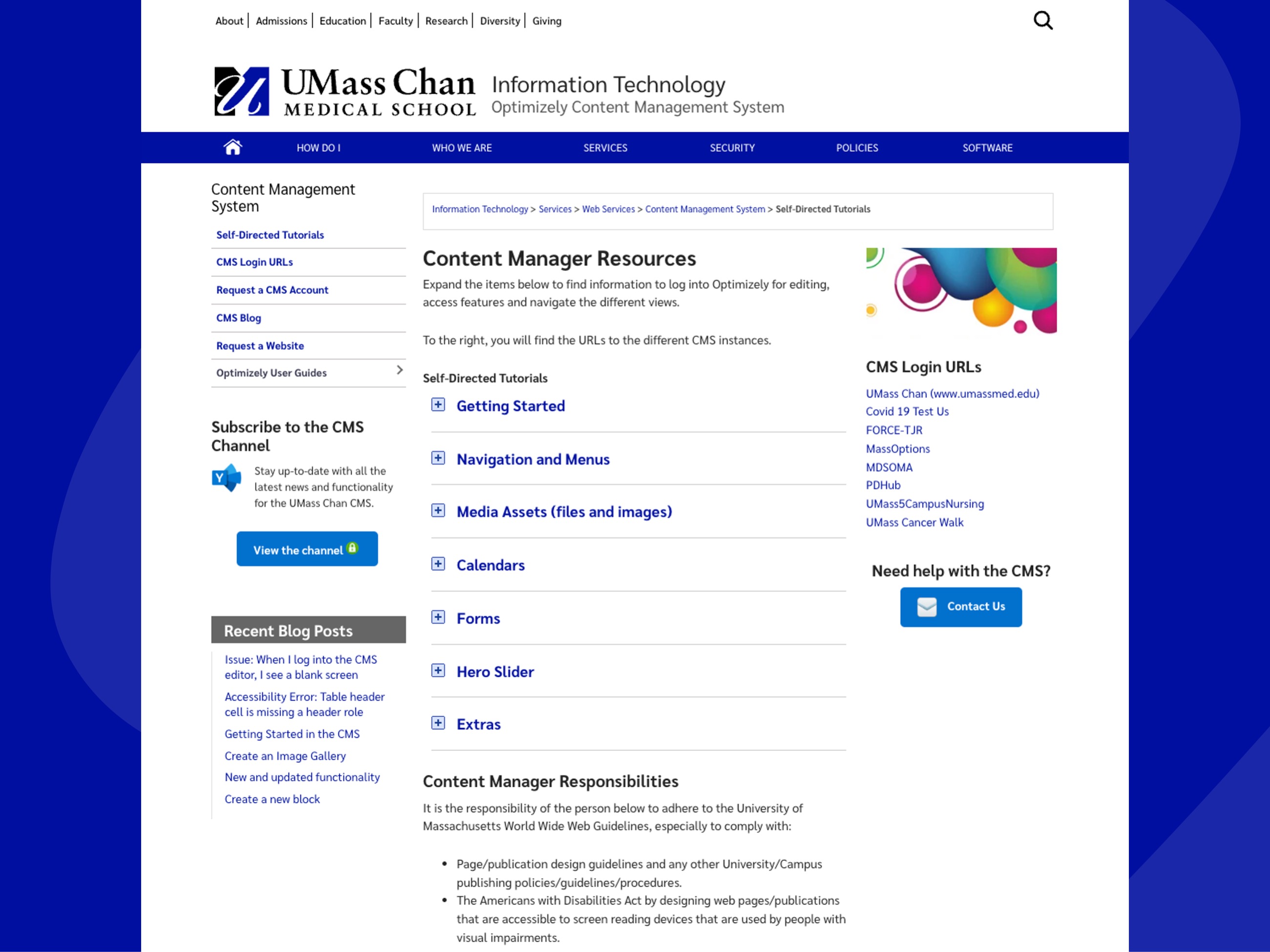 Screenshot of the UMass Chan CMS blog page