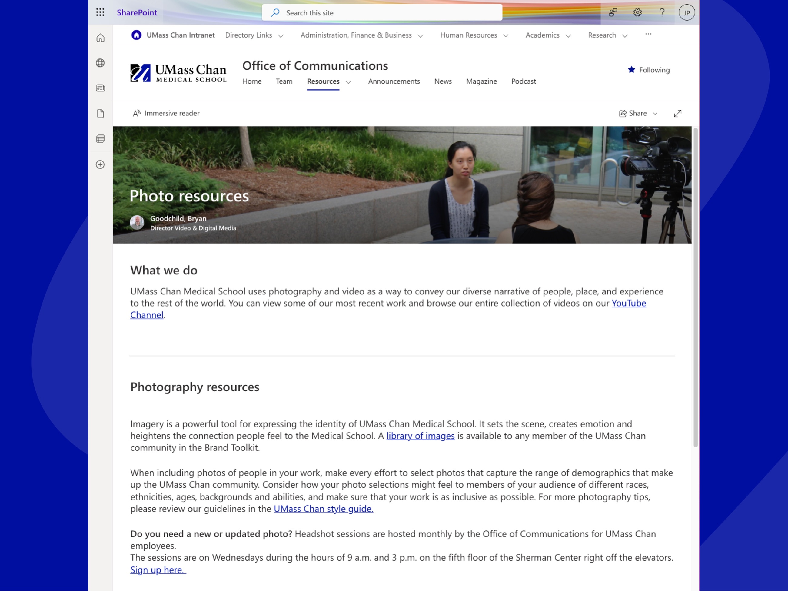 screenshot of the office of communication sharepoint website