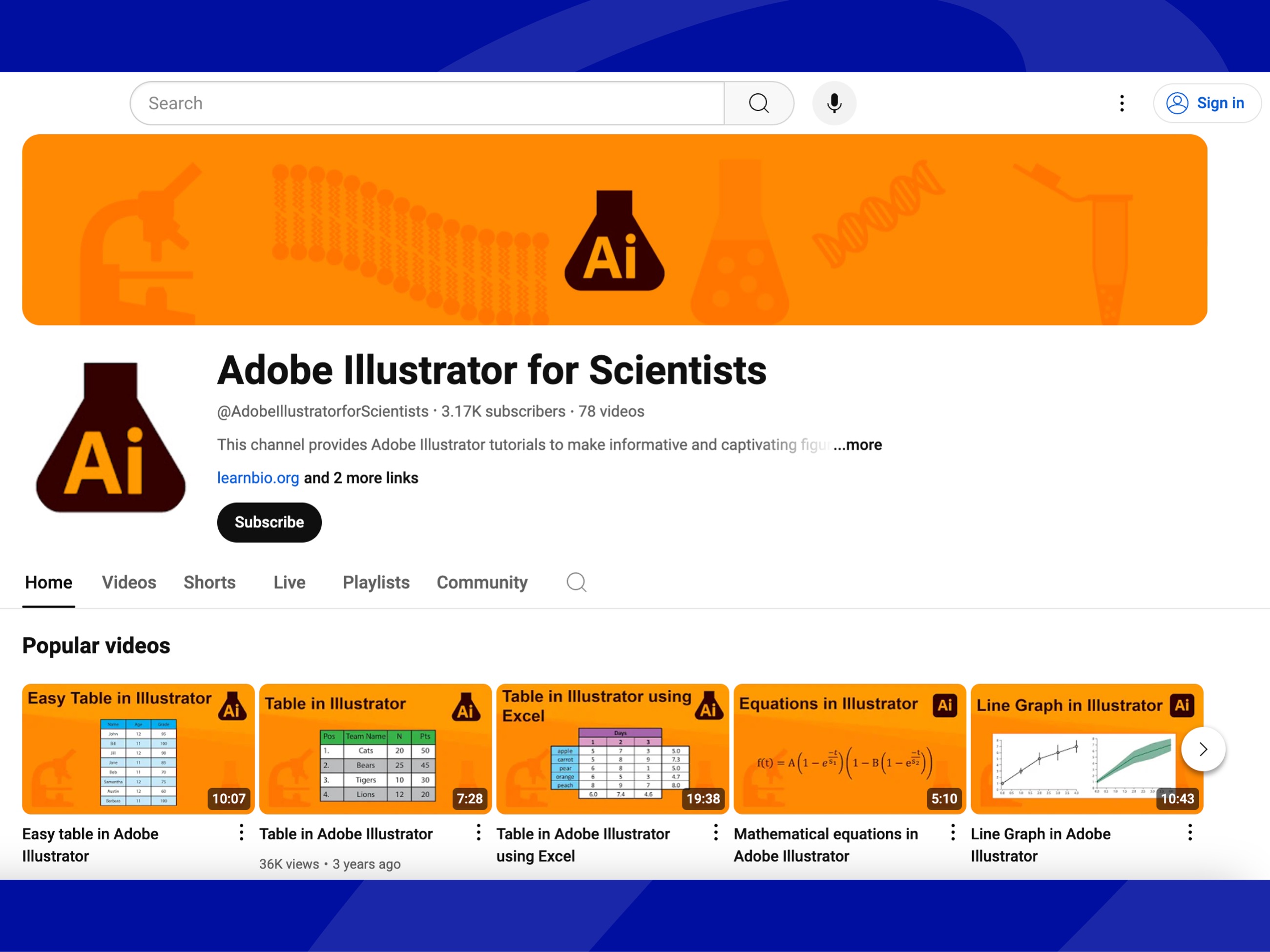 screenshot of adobe illustrator for scientists youtube page