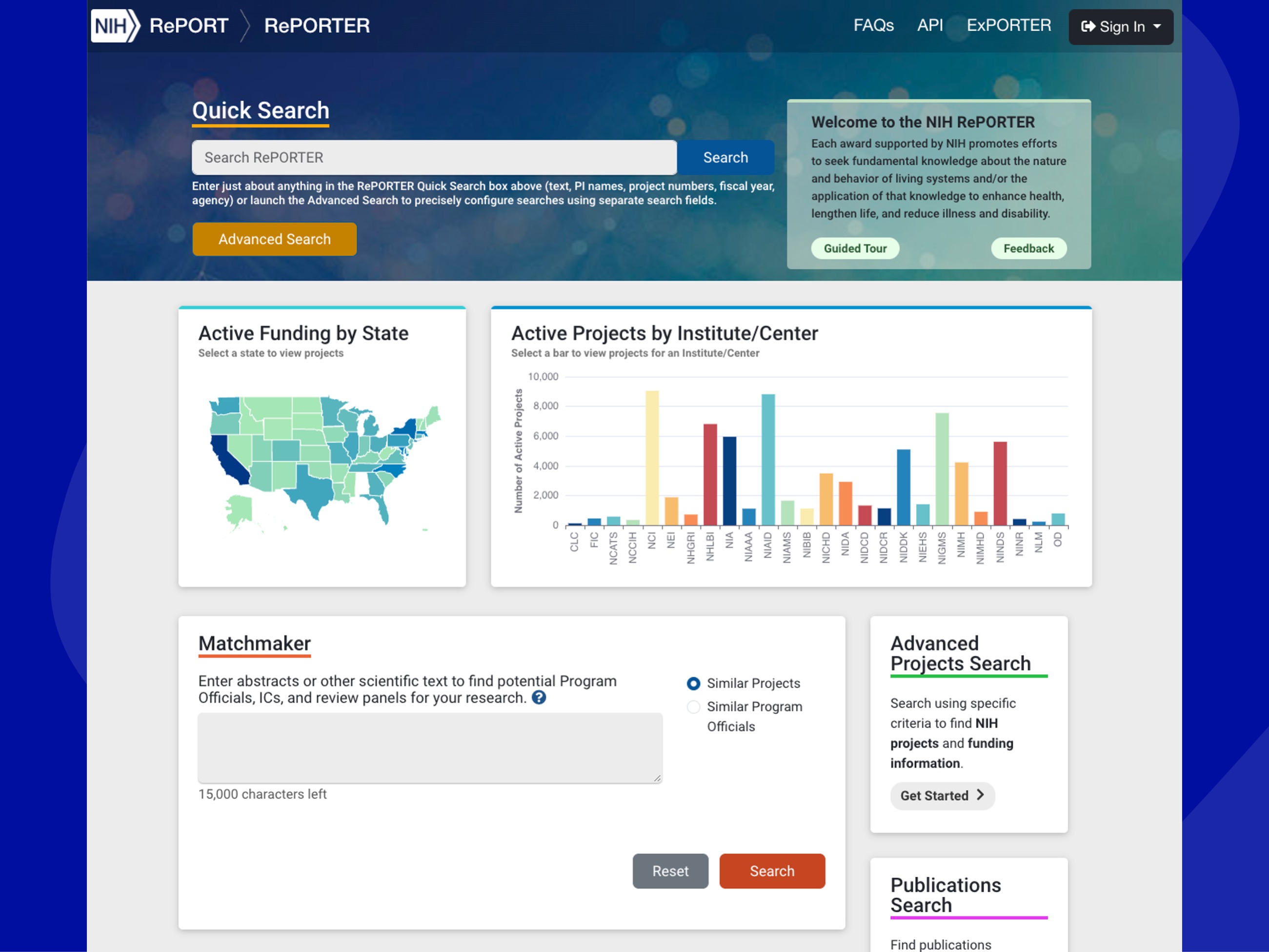 screenshot of NIH matchmaker tool