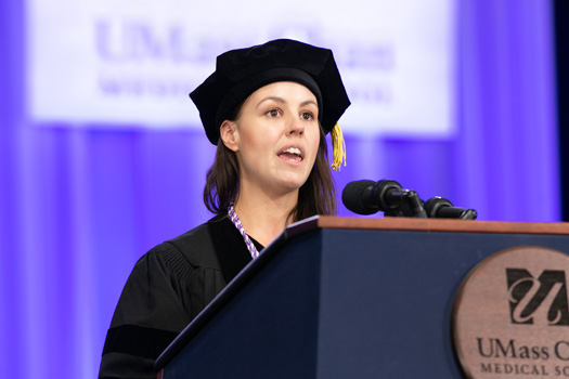 Jennifer Katherine DiBenedetto gives the class address for the Tan Chingfen Graduate School of Nursing.