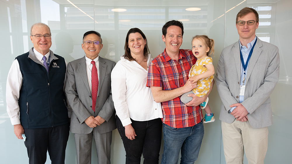 Terence R. Flotte, MD; Guangping Gao, PhD; Lori, Lee and Noa Greenwood; and Dominic Gessler, MD,PhD’20, during a visit to UMass Chan in 2023