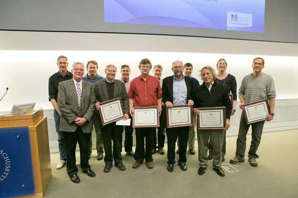 GSBS Dean Anthony Carruthers, PhD, (front row, from left) and Dean’s Award recipients Michael P. Czech, PhD; Reid Gilmore, PhD ; Michael R. Green, MD, PhD;  and Allan S. Jacobson, PhD. (Back row, from left,) Job Dekker, PhD; Thomas Fazzio, PhD; Paul Kaufman, PhD; David Lambright, PhD; Dannel McCollum, PhD; Mary Munson, PhD; and Peter M. Pryciak, PhD