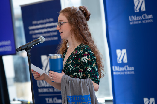 Alice Berenson, who heads to UMass Chan-Baystate in ob/gyn, exhorts her classmates to support the class gift.