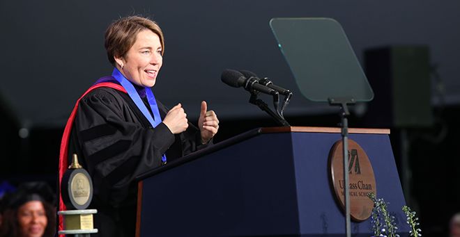 Photo of Gov. Maura Healey delivering the commencement address at UMass Chan Medical School