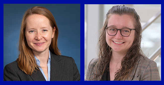 Headshots of Katherine Sadaniantz and Lara Kovell on a blue background