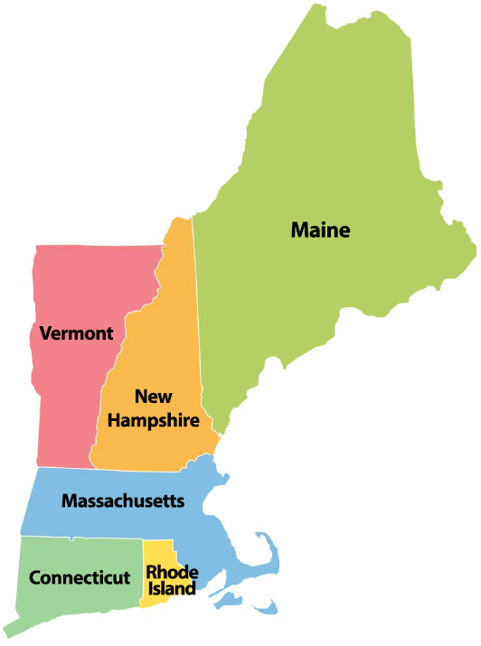Map of New England states: Maine, New Hampshire, Vermont, Massachusetts, Connecticut and Rhode Island